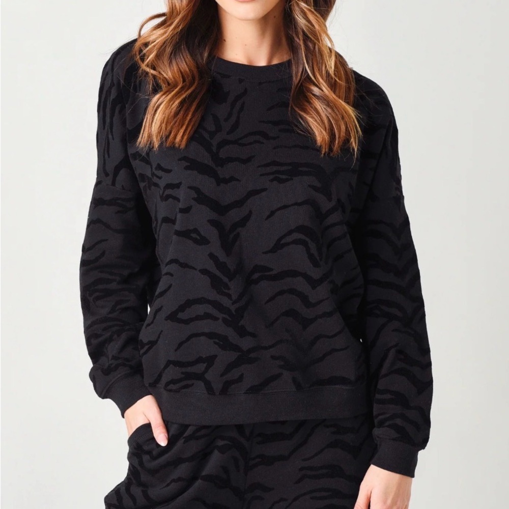 Z SUPPLY MARIN TIGER FLOCKED BLACK PULLOVER CREWNECK SWEATSHIRT WOMENS XS